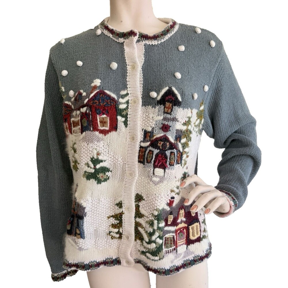 ALL POINTS Vintage Ugly Christmas Sweater Cardigan Linen Cotton Embellished Sz M